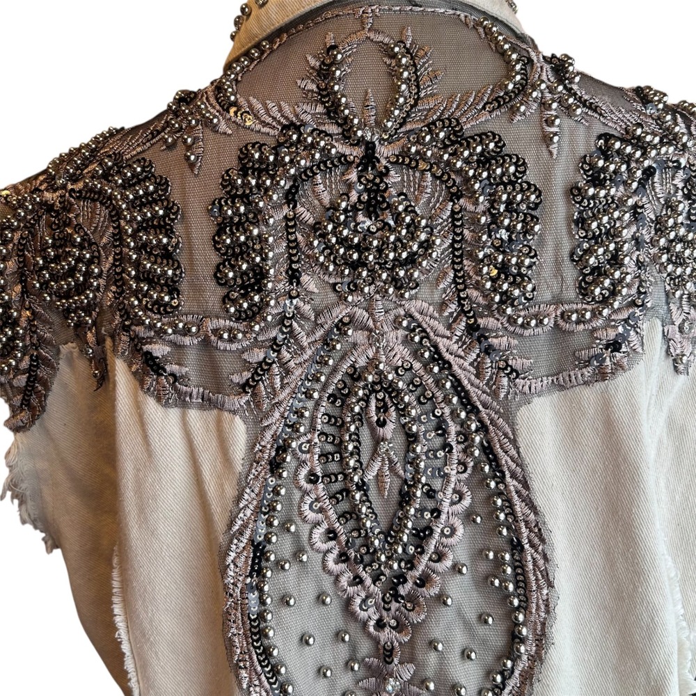 POL Embellished Denim Vest Cream Size S Oversized Beaded Studded Trucker Jacket - Picture 8 of 13